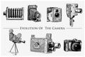 Evolution of the photo, video, film, movie camera from first till now vintage, engraved hand drawn in sketch or wood cut