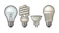 Evolution type electric lamp. Incandescent bulb, halogen, cfl and led. Royalty Free Stock Photo