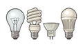 Evolution type electric lamp. Incandescent bulb, halogen, cfl and led. Royalty Free Stock Photo