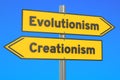 evolutionism vs creationism concept on the signpost, 3D rendering