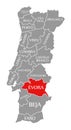 Evora red highlighted in map of Portugal