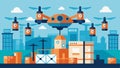 An eVTOL hovers above a network of automated robots and drones in a tingedge factory keeping up with the rapid pace of