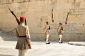 Evzones, members of the greek presidential guard, which guards the greek tomb of the unknown soldier.