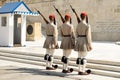 Evzones, members of the greek presidential guard, which guards the greek tomb of the unknown soldier. Royalty Free Stock Photo