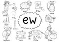 -Ew- digraph spelling rule black and white educational poster for kids with words