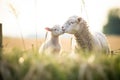 ewe and lamb pair nuzzling in sunny field