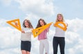 Exact sciences. three girls with protractor and triangle ruler. back to school. Geometry favorite subject. Education and