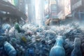 Exaggerated futuristic view of a city street overfilled with plastic bottles and other plastic waste. Generative AI ecology