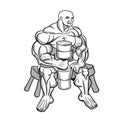 Exaggerated monster athlete, a bodybuilder sitting on the bench.