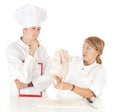 Exam for cook, cooks team and raw chicken Royalty Free Stock Photo