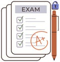 Exam paper with checklist, A grade, and secure pen for academic assessment and success Royalty Free Stock Photo