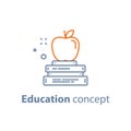 Exam preparation, education concept, stack of books with apple on top, linear icon