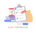 Exam preparation, school test. Vector flat illustration. Exam concept, checklist and stopwatch, choice of answer