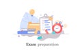 Exam preparation, school test. Vector flat illustration. Exam concept, checklist stopwatch, choice of answer, education
