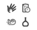 Exam time, Social responsibility and Speedometer icons. Cognac bottle sign. Checklist, Hand, Time concept. Vector