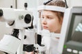 examination of girl with slit lamp. equipping ophthalmologist& x27;s office. Royalty Free Stock Photo