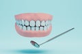 examination of the oral cavity. a model of the jaws and a dental mirror on a blue background. 3D render