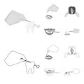 Examination of the tooth, instillation of the eye and other web icon in outline,monochrome style. A snapshot of the hand