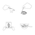 Examination of the tooth, instillation of the eye and other web icon in outline style. A snapshot of the hand, teeth