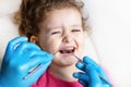 Examination, treatment teeth children. medical checkup oral cavity with instruments. dental hands, child in clinic.