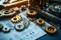 examine mechanical components and engineering blueprints for precision assembly Royalty Free Stock Photo