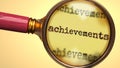 Examine and study achievements, showed as a magnify glass and word achievements to symbolize process of analyzing, exploring,