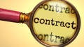 Examine and study contract, showed as a magnify glass and word contract to symbolize process of analyzing, exploring, learning and