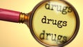 Examine and study drugs, showed as a magnify glass and word drugs to symbolize process of analyzing, exploring, learning and