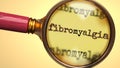 Examine and study fibromyalgia, showed as a magnify glass and word fibromyalgia to symbolize process of analyzing, exploring,