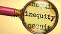 Examine and study inequity, showed as a magnify glass and word inequity to symbolize process of analyzing, exploring, learning and