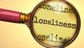 Examine and study loneliness, showed as a magnify glass and word loneliness to symbolize process of analyzing, exploring, learning