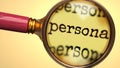 Examine and study persona, showed as a magnify glass and word persona to symbolize process of analyzing, exploring, learning and