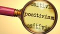 Examine and study positivism, showed as a magnify glass and word positivism to symbolize process of analyzing, exploring, learning