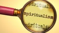 Examine and study spiritualism, showed as a magnify glass and word spiritualism to symbolize process of analyzing, exploring,