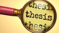 Examine and study thesis, showed as a magnify glass and word thesis to symbolize process of analyzing, exploring, learning and