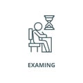 Examing, test, writing man at desk line icon, vector. Examing, test, writing man at desk outline sign, concept symbol