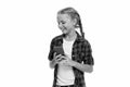 Examining her brand phone gadget. Mobile phone dependence. Girl cute small child smiling to phone screen. Internet