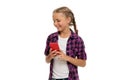 Examining her brand phone gadget. Mobile phone dependence. Girl cute small child smiling to phone screen. Internet