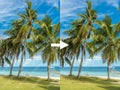 Before and after example of AI watermark remover tool erasing watermarks from a photo of a beach