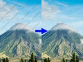 Before and after example of AI watermark remover tool erasing watermarks from a photo of a mountain