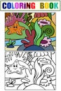 Example. Children color and coloring book, underwater world. Sea star and algae. Marine nature, animals and fish. Royalty Free Stock Photo