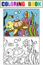 Example. Children color and coloring book, underwater world. Sea turtle, marine nature, animals and fish. Royalty Free Stock Photo