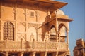 Example of Indian architecture with details of facade of historical house, walls, balcony and traditional elements