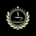 example of a logo with an illustration of a cup of hot coffee accompanied by circular gold leaves and a black background