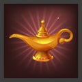 Example of receiving the cartoon golden achievement magic lamp with genie for game screen.