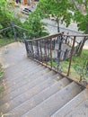 Example of steampunk retro style interior part with copyspace. Industrial textured rusted stairs. aerial view of rusty stairs,