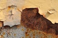 An example of using primer paint for rust. Peeling off old paint. Corrosion of metal