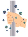 A vector illustration of an example in which a virus attaches to your hand by touching the handrails that everyone uses.