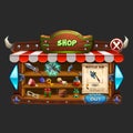 Example of wooden board user interface of game. Window shop and game icons. Royalty Free Stock Photo