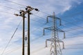 Examples of two overhead electricity pylons. UK Royalty Free Stock Photo